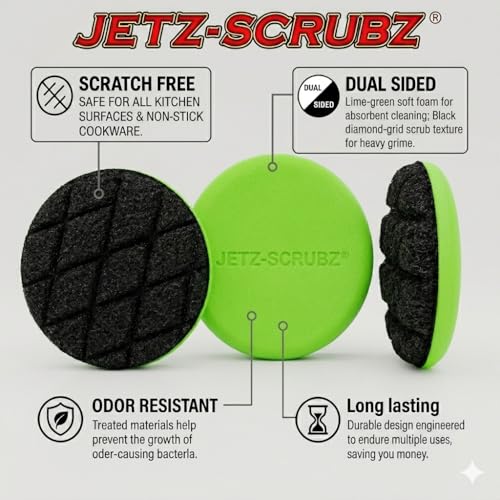 Jetz-Scrubz Scratch-Free Kitchen Scrubber Sponge – Dual Sided Non-Scratch Dish Cleaning Sponge for Cookware, Dishes & Kitchen Surfaces – Odor Resistant, Reusable – Round Scrub Sponges (3 Pack, Green) - color: Green