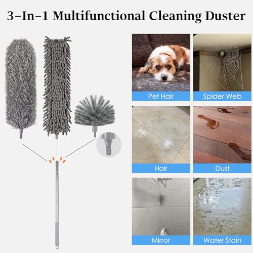 Microfiber Feather Duster 5-in-1 Kit with Extension Pole, Washable Cleaning Duster Set with 3 Duster Heads, Cobweb Duster, Corner Brush, 100'' Extendable Long Duster for High Ceilings, Fans, Furniture - size: 5PCS: Cobweb Brush & Chenille Duster & Gloves