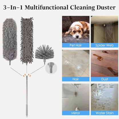 Microfiber Feather Duster 5-in-1 Kit with Extension Pole, Washable Cleaning Duster Set with 3 Duster Heads, Cobweb Duster, Corner Brush, 100'' Extendable Long Duster for High Ceilings, Fans, Furniture - size: 5PCS: Cobweb Brush & Chenille Duster & Gloves