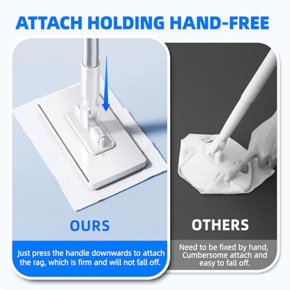 Hands Free Multi Purpose Flat Mop One Click Shark Tooth Grip | Zero-Touch Dirty Cloth Release, 48" Long Handle, Mini Mop Head Grip For Any Cloth, No Bending – Quick Hands-Free Cleaning. - color: 48in Long-handled Mini Mop