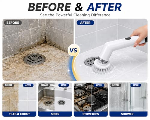 Electric Spin Scrubber Cordless Cleaning Brush, USB Rechargeable Power Scrubber for Bathroom, Kitchen, Tile, Grout, Sink & Shower Cleaning, 4 Replaceable Brush Heads, Portable Handheld Cleaning Tool