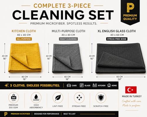 Premium Microfiber Cleaning Cloths, 3-Pack - 1 XL Glass Cleaning Cloth (16”x24”), 2 Waffle Weave Microfiber Cloths (16”x16”), Ultra Absorbent, Lint-Free, Streak-Free & Reusable