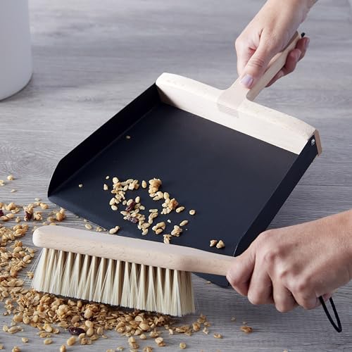 Copco Hand Brush and Dustpan Set - Wooden Beechwood Handle Broom and Dust Pan with Soft Bristles, Leather Loop Hanging Storage, Iron Dustpan, Kitchen and Home Cleaning Essentials