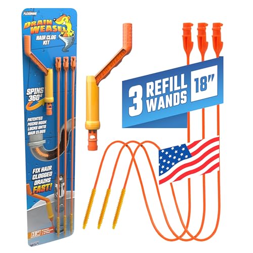 FlexiSnake Drain Weasel Sink Snake Hair Clog Remover Tool Kit, Sink, Pipe, Bathroom, Bathtub Drain Cleaner, 18-inch Long, Flexible, Made in The USA, 3 Pack Wand Refills and Removable Handle
