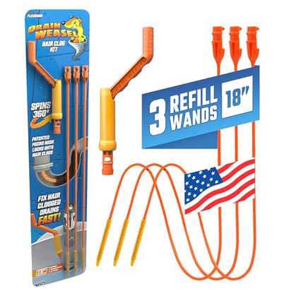 FlexiSnake Drain Weasel Sink Snake Hair Clog Remover Tool Kit, Sink, Pipe, Bathroom, Bathtub Drain Cleaner, 18-inch Long, Flexible, Made in The USA, 3 Pack Wand Refills and Removable Handle