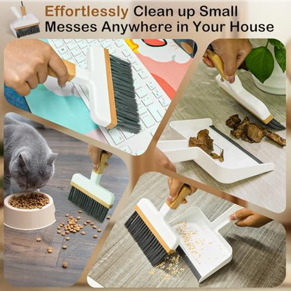 ThinkLearn Mini Dustpan and Brush Set, Bamboo Handle with Rubber Lip | Small Handheld Cleaning Set for Tight Spaces, Small Broom Dustpan for Home Car Camping - color: White
