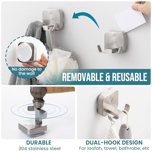 TAILI Patented Strong Suction Cup Hook, 304 Stainless Steel Bathroom Suction Cup Holder for Towel, Loofah, Bathrobe, Damage-Free Hanging Shower Wall Hook, Double-Hook Widening Design, 2 Pack, Silver - color: Wide Double-Hook, Silver