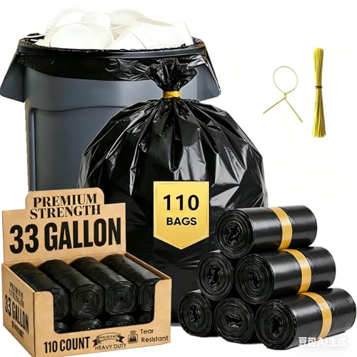 33 Gallon Trash Bags, Heavy Duty Garbage Bags 110 Count 1.7 MIL, 32" x 40" Large Black Can Liner 30 31 32 Gallon Can Liners Plastic Bolsas para basura For Home Commercial Construction Outdoor Yard - size: 1 Count (Pack of 110)