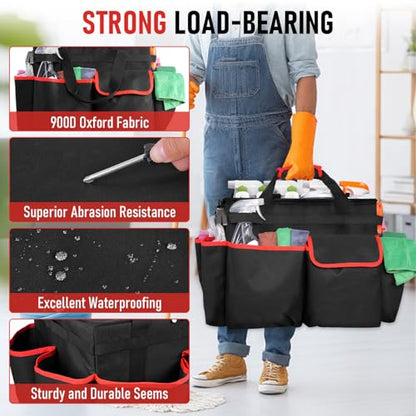 Large DIY Rolling Cleaning Caddy Bag, Cleaning Caddy with Wheels for Housekeepers, Wear-Resistant & Waterproof 900D Oxford Cleaner Supplies Organizer for Kitchen, Home, Office, Tool Storage