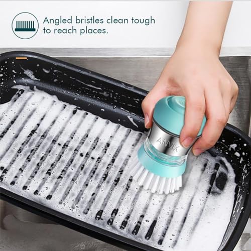 Soap Dispensing Palm Brush – Ergonomic Scrub Brush with Handle – Heavy-Duty Dish Scrubber with Soap Dispenser - Scrub Brushes for Cleaning with Push Button Soap Dispensing-Tiffany Blue