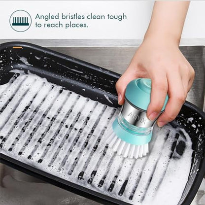 Soap Dispensing Palm Brush – Ergonomic Scrub Brush with Handle – Heavy-Duty Dish Scrubber with Soap Dispenser - Scrub Brushes for Cleaning with Push Button Soap Dispensing-Tiffany Blue