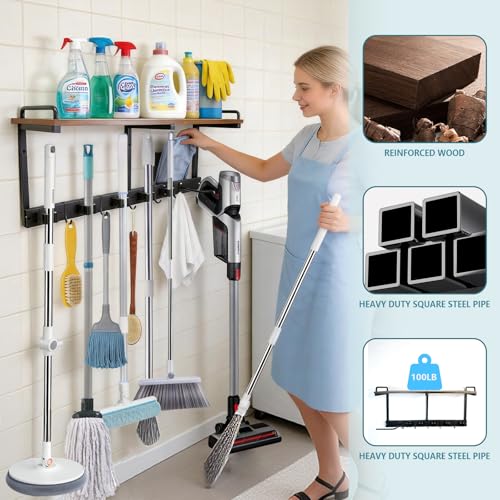 Broom Holder Wall Mount With Cleaning Supplies Organizer Shelf Broom And Mop Organizer Wall Hanging With Vacuum Holder Wall Mount, Wall Mounted Broom Hanger Utility Racks For Home Garage Laundry Room