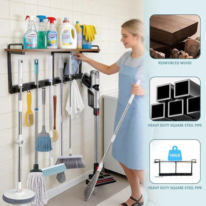 Broom Holder Wall Mount With Cleaning Supplies Organizer Shelf Broom And Mop Organizer Wall Hanging With Vacuum Holder Wall Mount, Wall Mounted Broom Hanger Utility Racks For Home Garage Laundry Room