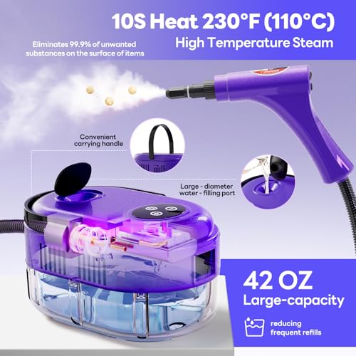 Handheld Steam Cleaner, 10s Fast Handheld Heating Steamer for Cleaning 15-in-1 High Pressure Steam Cleaner for Home & Kitchen, Grease, Grout, Tile,Floor,Couch and Car - color: Purple