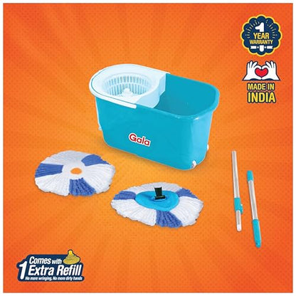 Gala e-Quick Spin Floor Cleaning Mop Set with 2 Microfiber Refills, Easy Wheels, Big Bucket & Wringer for Home, Household Cleaner Accessories (White & Blue)