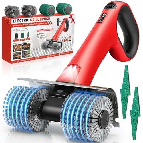 Electric Grill Brush for Outdoor Grill, Cordless BBQ Grill Cleaner with Dual Rotating Heads, 450 RPM Motorized Grill Cleaning Brush with Forward & Reverse, 6-Piece Replaceable Brush Set