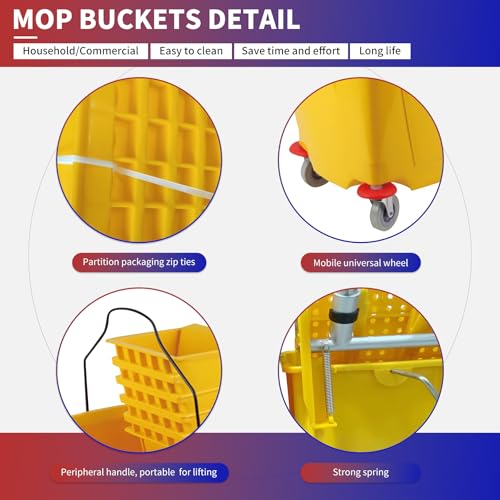 Side-Press Mop Bucket 36 L/9.5 Gallons | Heavy-Duty Plastic Wringer | One-Hand Squeeze & Non-Spill Wheels | for Home/Commercial Floor Cleaning (Yellow, 9.5 Gallons/38 Quart)
