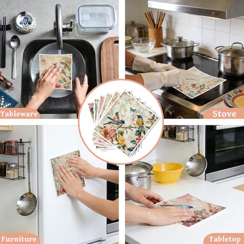 Reusable Swedish Dishcloths for Kitchen, 6 Pack Birds Floral Dish Cloths, Absorbent Flower Pattern Cellulose Cleaning Towels Wipes for Cooking Home Decor Housewarming Gifts - style: Birds Floral