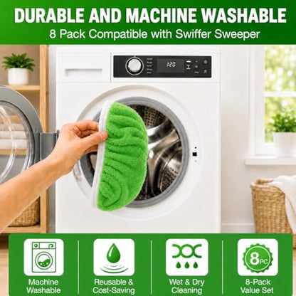 8 Pack Reusable Microfiber Mop Pads Replacement Compatible with Swiffer Sweeper, Machine Washable Mop Pads Refills for Wet & Dry Floor Cleaning, Mopping Cloths Fits Hardwood, Marble, Tile & Laminate - size: 8PC–Value Pack