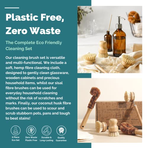 Jungle Culture® 6 Pack Bamboo Dish Brush Set for Washing Up • Natural Wooden Dish Brushes for Pans & Dishes • Eco Friendly Dish Scrubber for Bottles, Pots & Vegetables • Non Toxic & Plastic Free