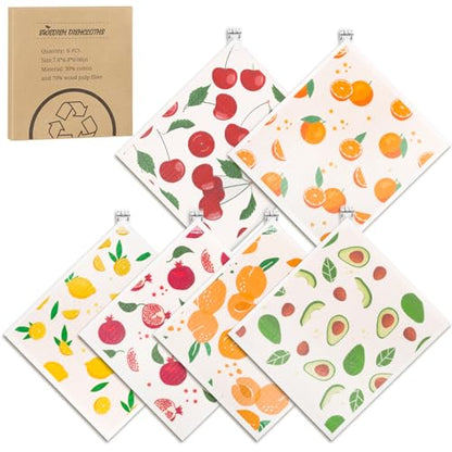 Needbrock 6 Pack Fruit Swedish Dishcloths for Kitchen,Swedish Rags Dish Towels with Clips, Reusable Paper Towels Washable Absorbent Cellulose Sponge Cloths for Countertop Dishes Cleaning - color: Fruit Pattern