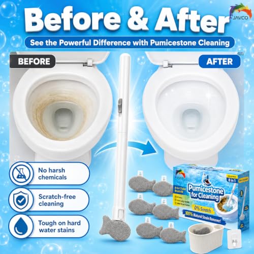 Pumice Stone for Toilet Bowl Cleaning, 8-in-1 Toilet Cleaning Kit with 6 Replaceable Fish Heads, 17" Extra Long Handle, Wall Mount Holder, Removes Hard Water Stains, Mineral Deposits & Rust Rings