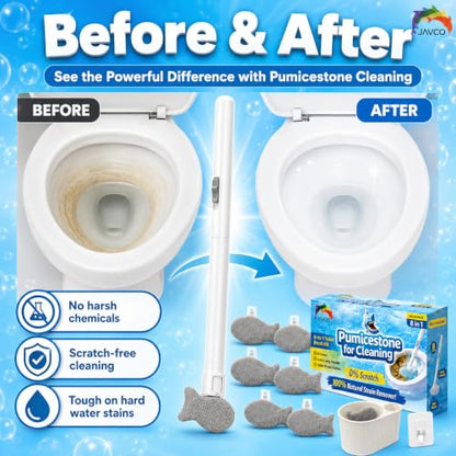 Pumice Stone for Toilet Bowl Cleaning, 8-in-1 Toilet Cleaning Kit with 6 Replaceable Fish Heads, 17" Extra Long Handle, Wall Mount Holder, Removes Hard Water Stains, Mineral Deposits & Rust Rings