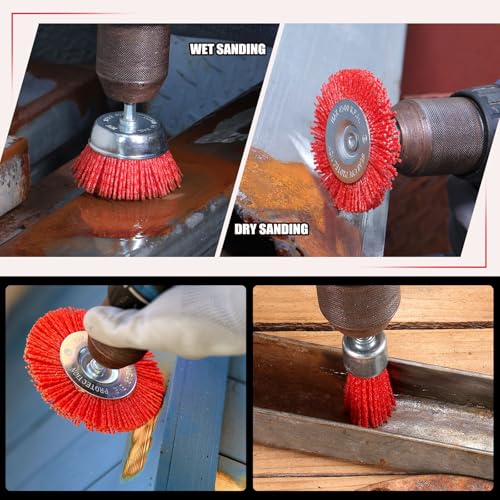 POLIWELL Nylon Abrasive Brush for Drill, 6 Pack Nylon Filament Wire Wheel & Cup Brush Set, 1/4 Inch Hex Shank, 3” and 2.6” Red Coarse Abrasive Bristle Drill Brushes for Paint, Corrosion, Rust Removal