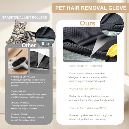 Pet Hair Remover Glove 3 Pack, Upgraded Electrostatic Pet Hair Removal Glove, Reusable & Washable Dog Cat Grooming Glove for Shedding, Effective Pet Hair Remover for Couch, Carpet, Car, Clothes - color: black 3pcs