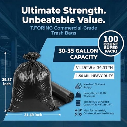 30-35 Gallon Trash Bags Heavy Duty 1.5 Mil,31'' x 39'',100 Count | Large 30+ Gal Black Garbage Bag Unscented,Strong Plastic Can Liners,Fit 112 - 131 Liter Bins,for Kitchen Commercial Lawn Leaf - color: 30-35 gal-100