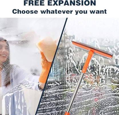 Professional Window Squeegee with 10-55" Extension Poles,2 in 1 Window Cleaner with Long Stainless Steel Handle,Sponge Car Window Squeegee for Gas Station, Glass,Shower