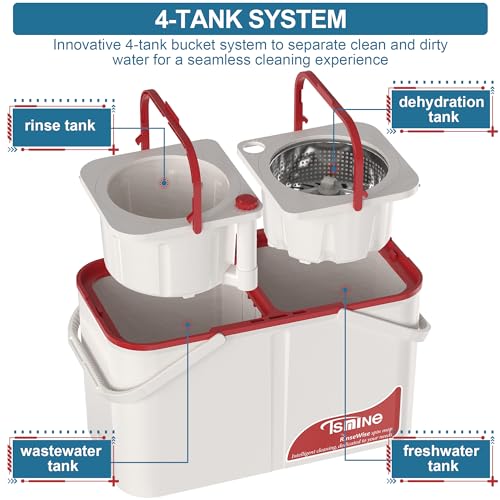 Gen 1 Large-Capacity Spin Mop and Bucket – for Big Homes & Deep Cleaning Days,4-Chamber System Separates Dirty & Clean Water, 2-GAL Heavy-Duty Design with Wheels & 6 Refill Mop Heads - White/Red - size: White/Red+6 Mop Heads