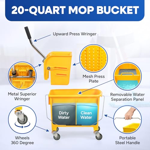 PLASTIC PRINCE Mop Bucket with NEW Reinforced Metal Wringer on Wheels Small Dual Chamber Industrial Mop Bucket with Reinforced Metal Wringer Separate Dirty Water for Business Household 20 Quart Yellow