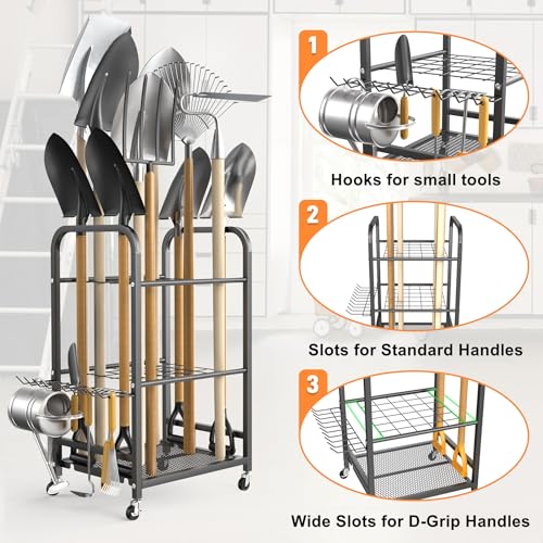 TORACK Garden Tool Organizer Stand with Wheels, Rakes Shovels Yard Tools Stand for Garage, Shed, Garden, Indoor/Outdoor Long-Handled Tools Cart - style: Tool Stand
