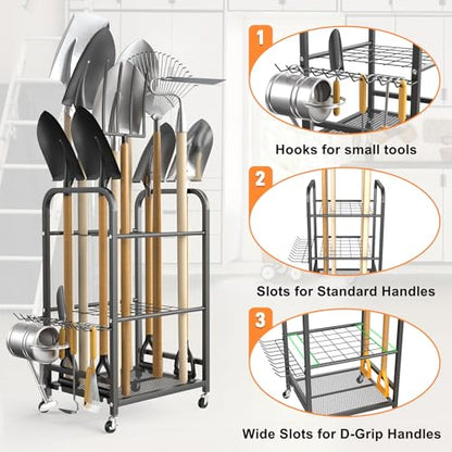 TORACK Garden Tool Organizer Stand with Wheels, Rakes Shovels Yard Tools Stand for Garage, Shed, Garden, Indoor/Outdoor Long-Handled Tools Cart - style: Tool Stand