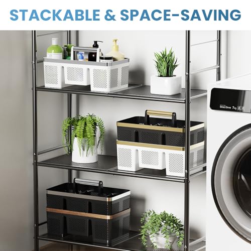 BYUNER 2Pack Plastic Shower Caddy: Portable Shower & Bathroom Caddy Tote with Handle, 4 Divided Compartments, Hard Plastic Shower Basket with All-Side Drainage for College Dorm Room Essentials - color: 2pc White/Silver