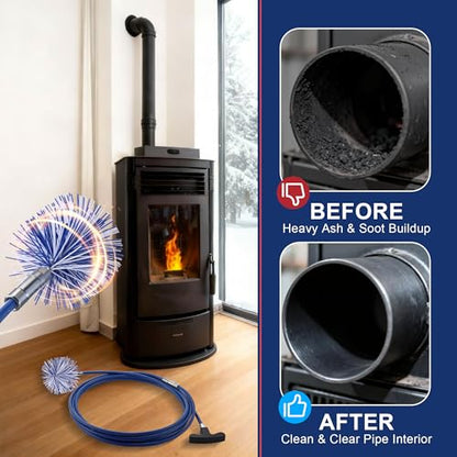 Dreyoo Pellet Stove Cleaning Brush Kit, 20 FT Flexible Steel Rod with 3" & 4" Brush Head, T Handle, Multi Purpose Flue Detail Cleaner, Nylon Stove Flue Pipe Kit for Pellet Furnace Exhaust Pipes - size: 20FT with 3" & 4" Brush Heads