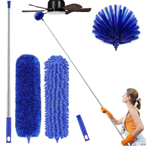Professional Microfibre Dusters for Cleaning - Extendable 30-81" Cobweb Remover Kit with 3 Washable Heads, Bendable Design for High Ceilings, Fans & Hard-to-Reach Areas