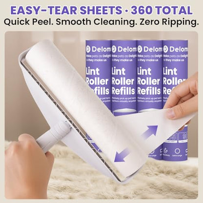 Two Large Lint Roller Set for Pet Hair: DELOMO 9.45” Extra-Wide Sticky Rollers - Long Handle for Floors & Carpets and Short Handle for Couches & Furniture - 360 Sheets Total - for Multi-Pet Homes
