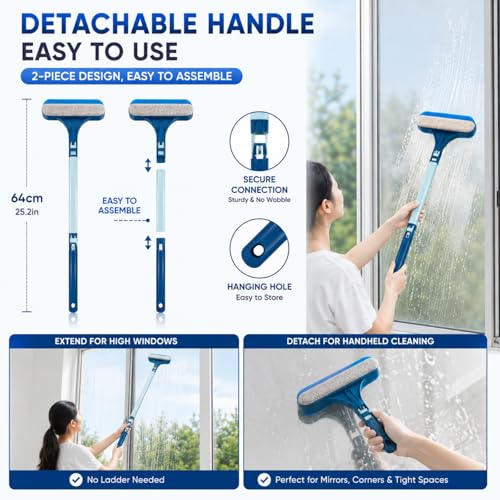 Window Screen Cleaner Brush, 3-in-1 Mesh Screen Cleaning Brush with Squeegee and Detachable Long Handle, Professional Soot and Dust Remover for Window, Patio, Door, Multi-Purpose Home Cleaning Kit