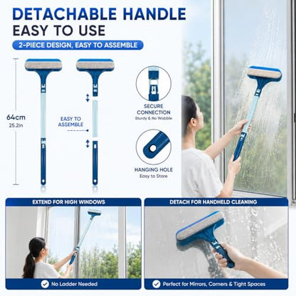 Window Screen Cleaner Brush, 3-in-1 Mesh Screen Cleaning Brush with Squeegee and Detachable Long Handle, Professional Soot and Dust Remover for Window, Patio, Door, Multi-Purpose Home Cleaning Kit