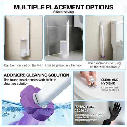 39 Pcs Toilet Deep Cleaning Set - Wall-Mounted Disposable Toilet Bowl Cleaner Wand with 18 Toilet Brush Refill Heads, 10 Pcs Crevice Cleaning Brushes, 10 Pcs Nitrile Gloves & 1 Pc Toilet Seat Lifter - size: 1 set