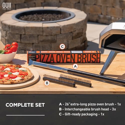 26'' Pizza Oven Brush with Stone Scraper - Includes 3 Brush Heads, Heat-Resistant Silver Stainless Steel Bristles - Long Grip Handle, Compatible with Ooni, Gozney, Blackstone, Solo Stove Ovens - color: Black - 3 Brush Heads