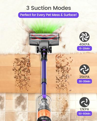 Cordless Vacuum Cleaner, 500W 40KPa 60Mins Vacuum Cleaners for Home, Powerful Stick Vacuum With Green Light, Anti-tangle Wireless Vacumm, Rechargeable Vacuum for Pet Hair/Carpet/Hardwood Floor, Purple
