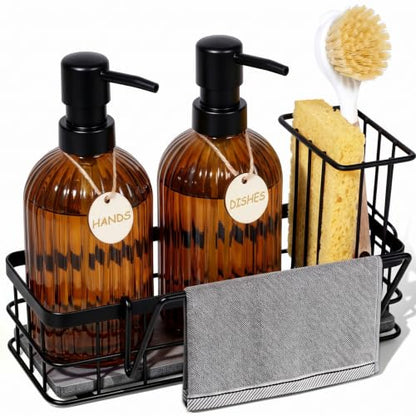 Kitchen Soap Dispenser Set, 14.4 oz/425 ml Hand and Dish Soap Dispenser Set, Dish Soap Dispenser with Sponge Holder & Diatomite Tray, for Countertop Organizer, Amber - color: Amber