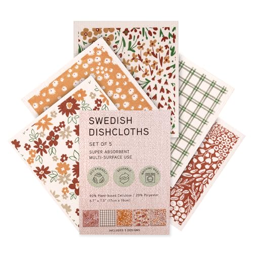 Swedish Dishcloths, Vintage Plant-Based Cellulose, 6.7x7.5 Inch, Super Absorbent, Multi-Surface, Machine Washable, Reusable, 5 Pack (Rust Green Burgundy) - color: Rust Green Burgundy