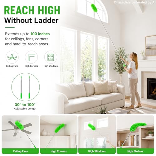 Duster for Cleaning High Ceiling Fan (Green), AzunMicrofiber Feather Duster with 30" to 100" TelescopingExtension Pole, Long Extendable Duster for Home CarFurniture Cobweb - color: Green