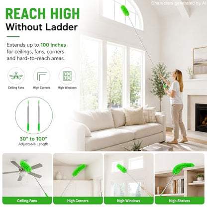 Duster for Cleaning High Ceiling Fan (Green), AzunMicrofiber Feather Duster with 30" to 100" TelescopingExtension Pole, Long Extendable Duster for Home CarFurniture Cobweb - color: Green