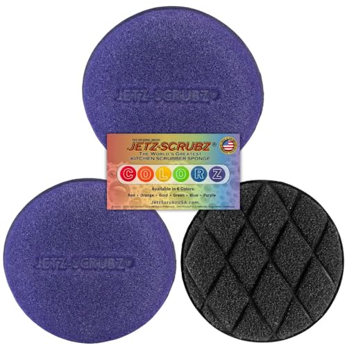 Jetz-Scrubz Scratch-Free Kitchen Scrubber Sponge – Dual Sided Non-Scratch Dish Cleaning Sponge for Cookware, Dishes & Kitchen Surfaces – Odor Resistant, Reusable – Round Scrub Sponges (3 Pack, Purple) - color: Purple