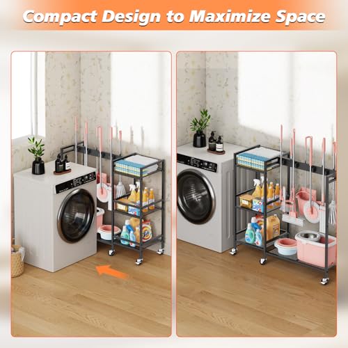 Broom and Mop Holder, Broom Closet Storage Cabinet with Cleaning Supplies Organizer, 2-in-1 Broom Mop and Cleaning Supplies Storage Cleaning Cart, Cleaning Cart with Wheels for Housekeeping - size: 37.4" x 13" x 34.2"